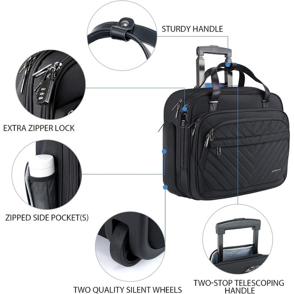 VANKEAN Rolling Laptop 15.6" Bag Wheels Briefcase Water Repellent RFID Pockets - Picture 9 of 14